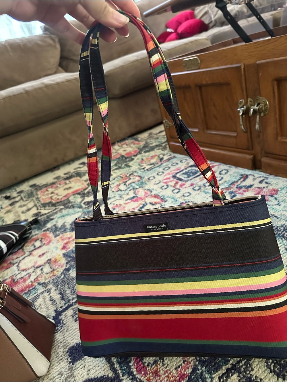 kate spade Multicolor Striped Canvas Shoulder Bag with Red Accent